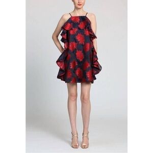 Badgley Mischka Belle Alicia Blue & Red Metallic Shimmer Ruffle Party Mini Dress